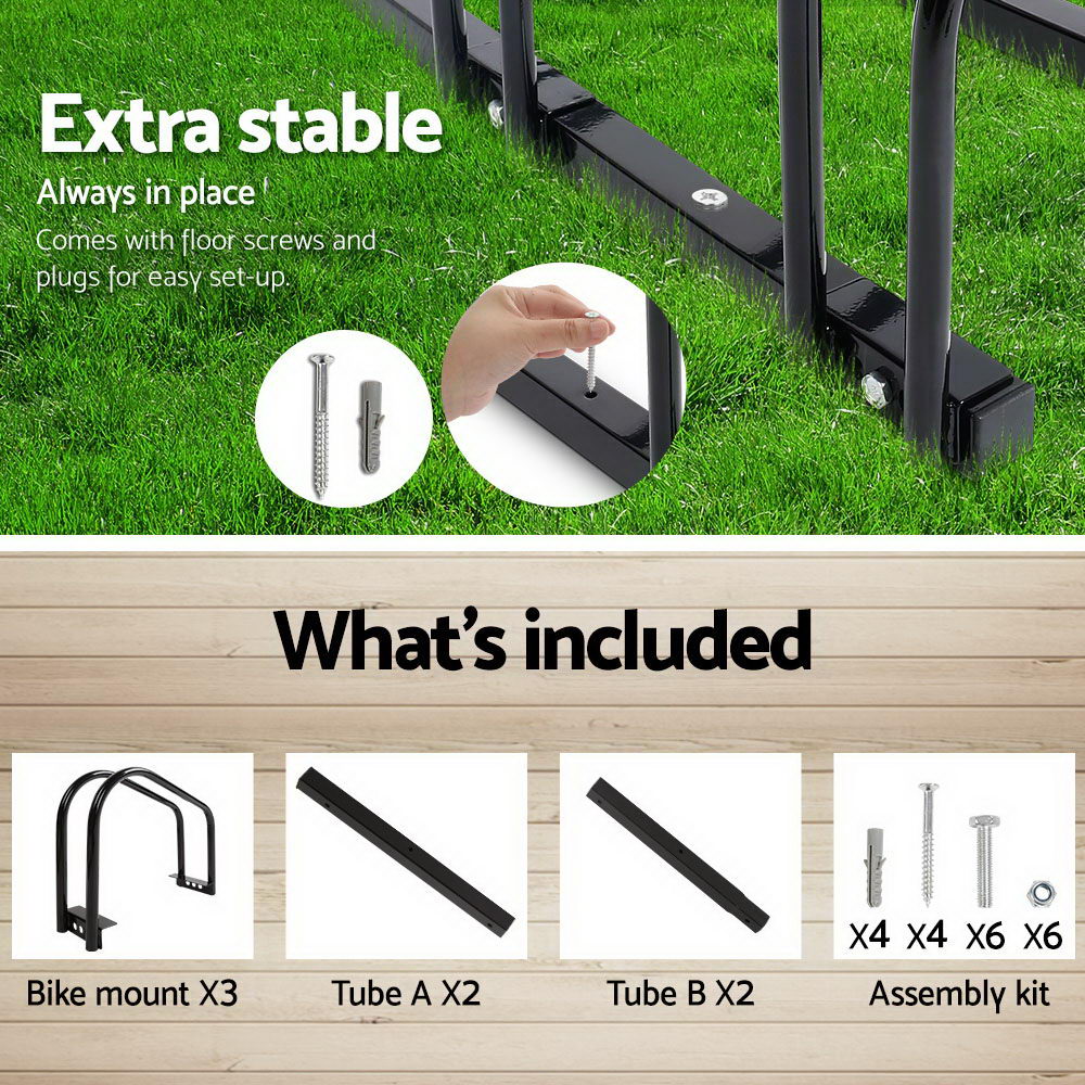 3 Bike Stand Rack Bicycle Storage Floor Parking Holder Cycling Black