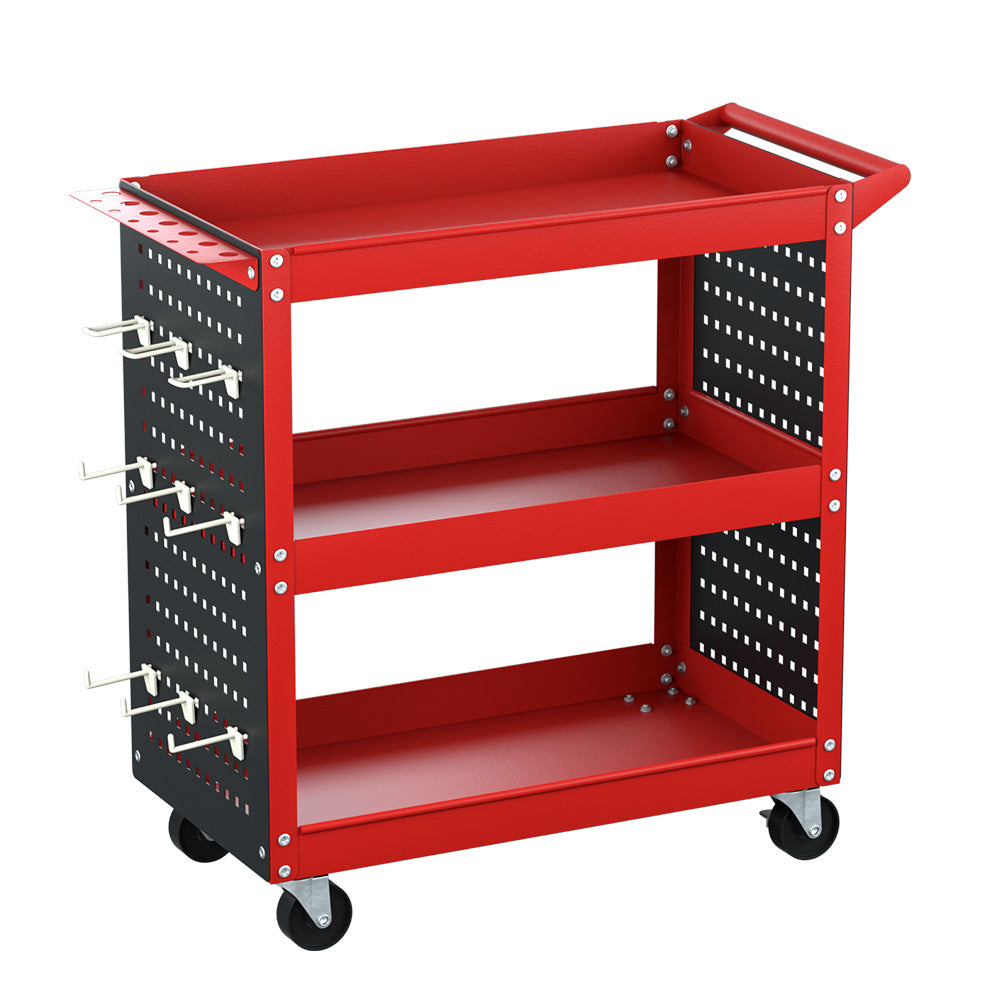 3 Tier Tool Cart Storage Trolley Workshop Garage Pegboard Hooks Red