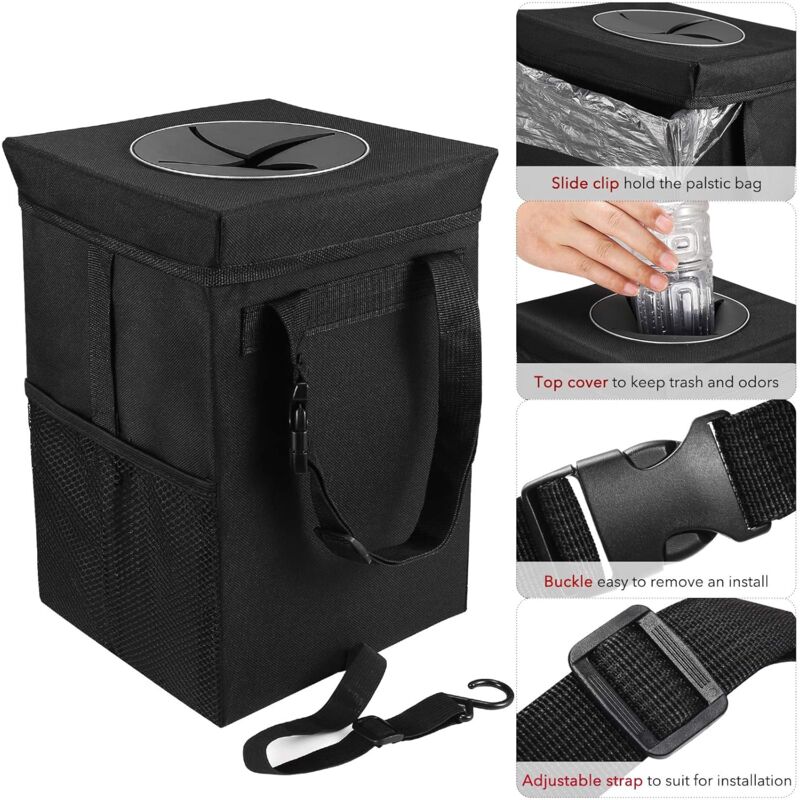 Car Trash Can With Lid - Hanging Garbage Bag With Storage Pockets, Foldable And Portable Waterproof Organizer, Large