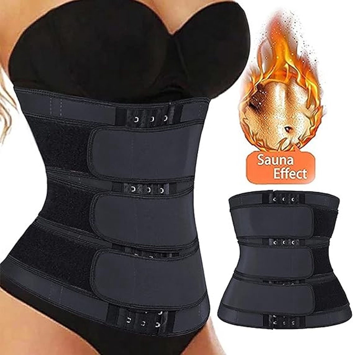 Women Sweat Reducer Training Belt - Sweatband - Waist Trainer - Slimming Belly Band - 3-Row Closure & Breathable Material - Extended Sizes (S to 6XL) - Black, 6XL