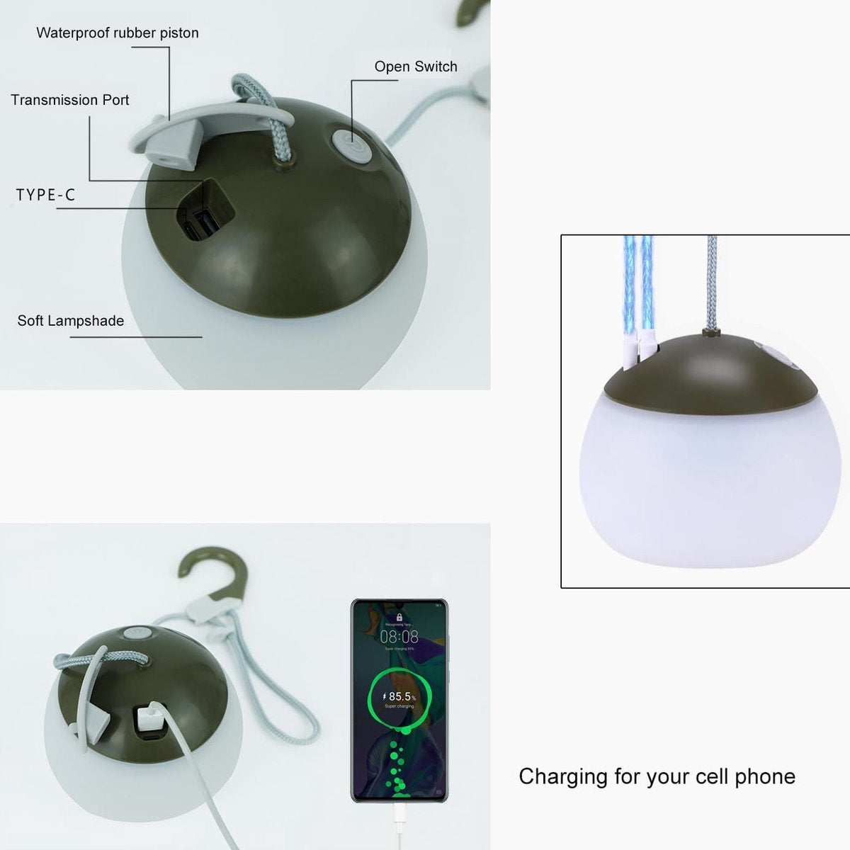 Night Light - Outdoor Camping Lamp - Atmospheric Decorative Lighting - Round Camping Lamp - 3 Brightness Levels - Hook Mount - Suitable for emergencies, tents, fishing, and other occasions. (Green)