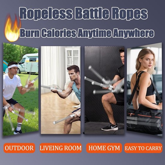 2-Pack Cordless Battle Ropes - Battle Rope - Fitness Rope - Soft Grip - For Home Gym & HIIT - Portable Arm and Core Trainer - Gray