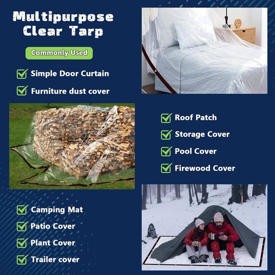 Waterproof Tarpaulin - Transparent - Durable tarpaulin with 10x10 eyelets, Large (Small) transparent tarpaulin for outdoor use - Suitable for camping/patio/fencing, chicken coop, garden plants, tear-resistant tarpaulin