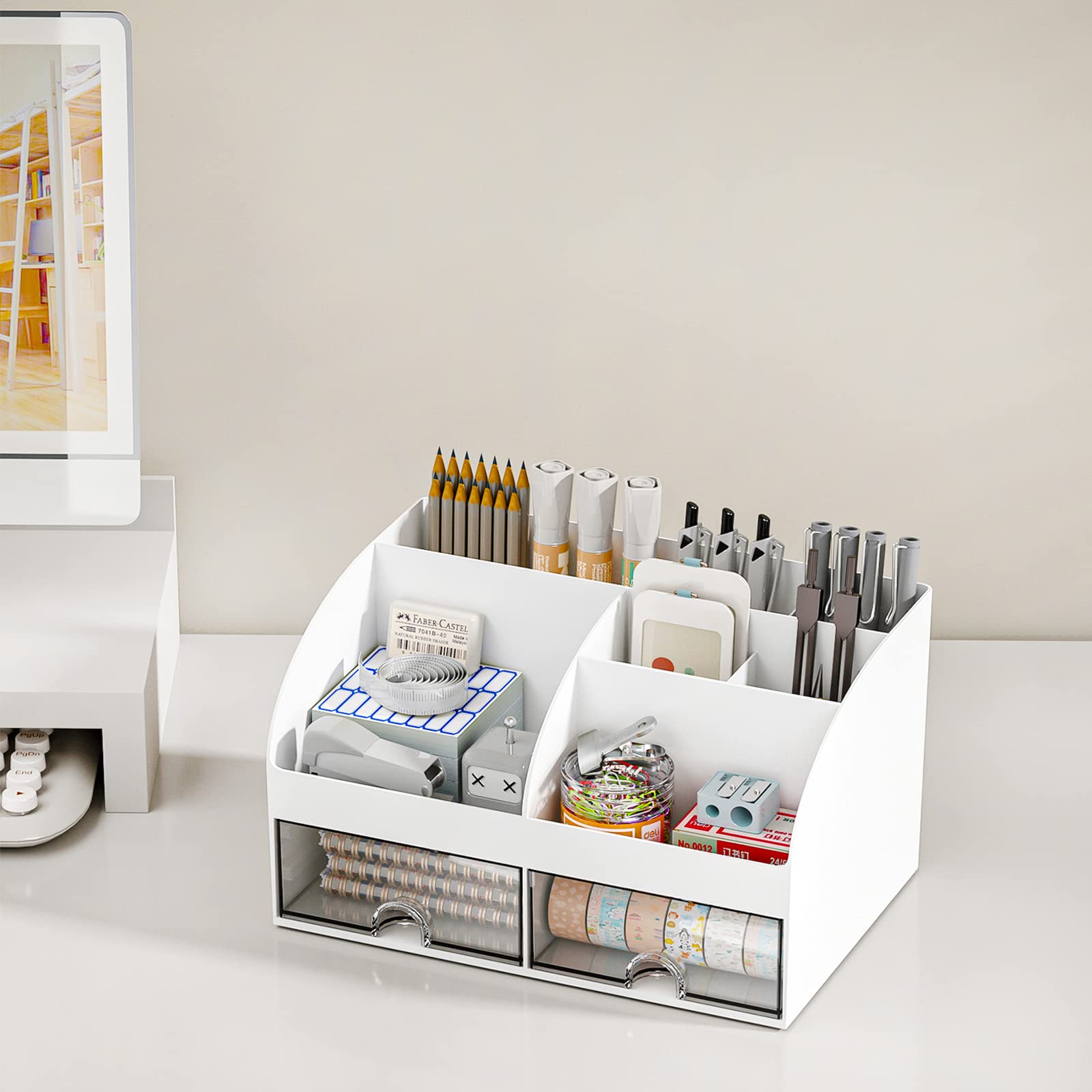 Desk organizer - Makeup organizer - Bathroom organizer - Pen tray - Drawer cabinet - Office supplies - Cosmetics organizer - Desk organizer - Desk accessories - Brush holder - Storage box with drawers - Storage system - White - 1 piece