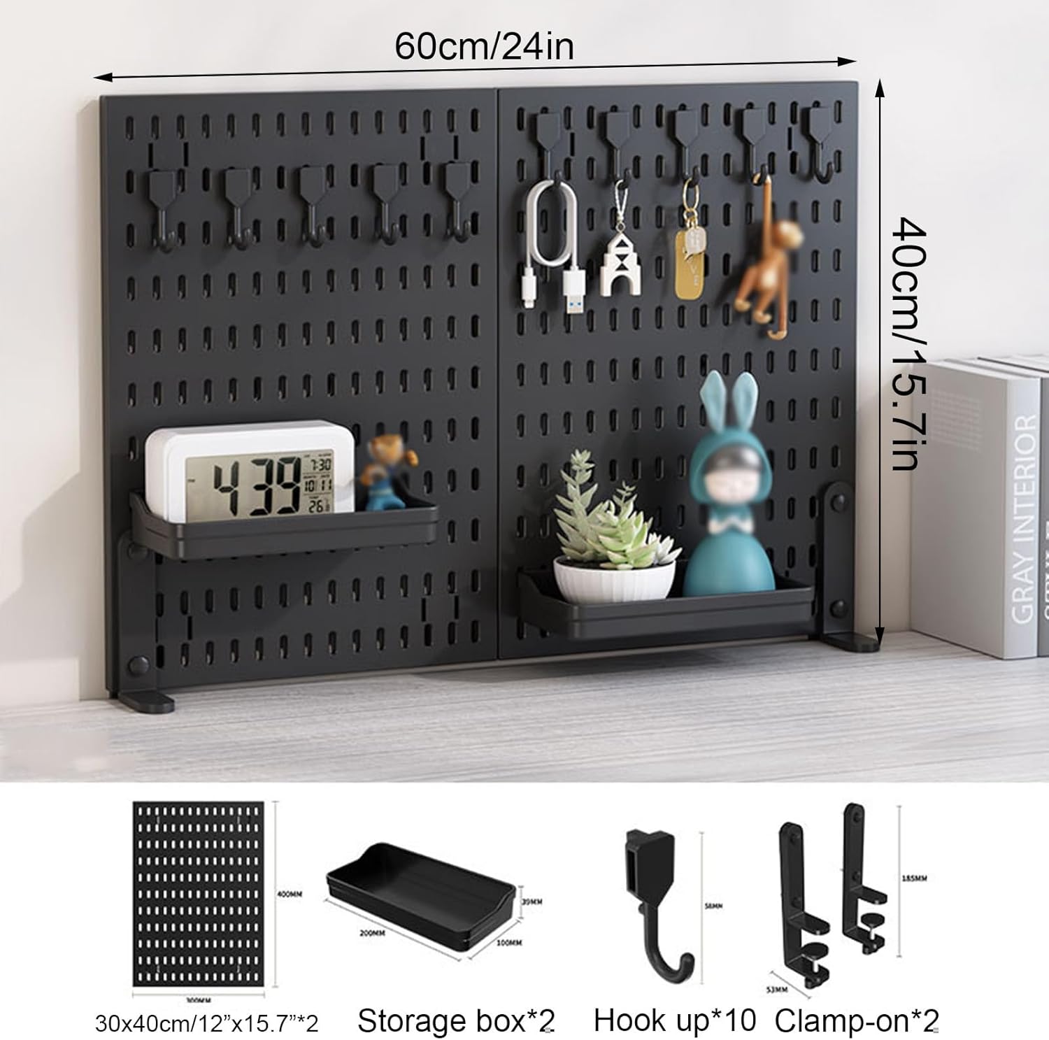 CARLA HOME 2 Pack Desk Pegboard Organizer Kit  with Hooks, Tray & Mount Ideal for Office, Gaming Setup & Home Workspace Organization (Black)