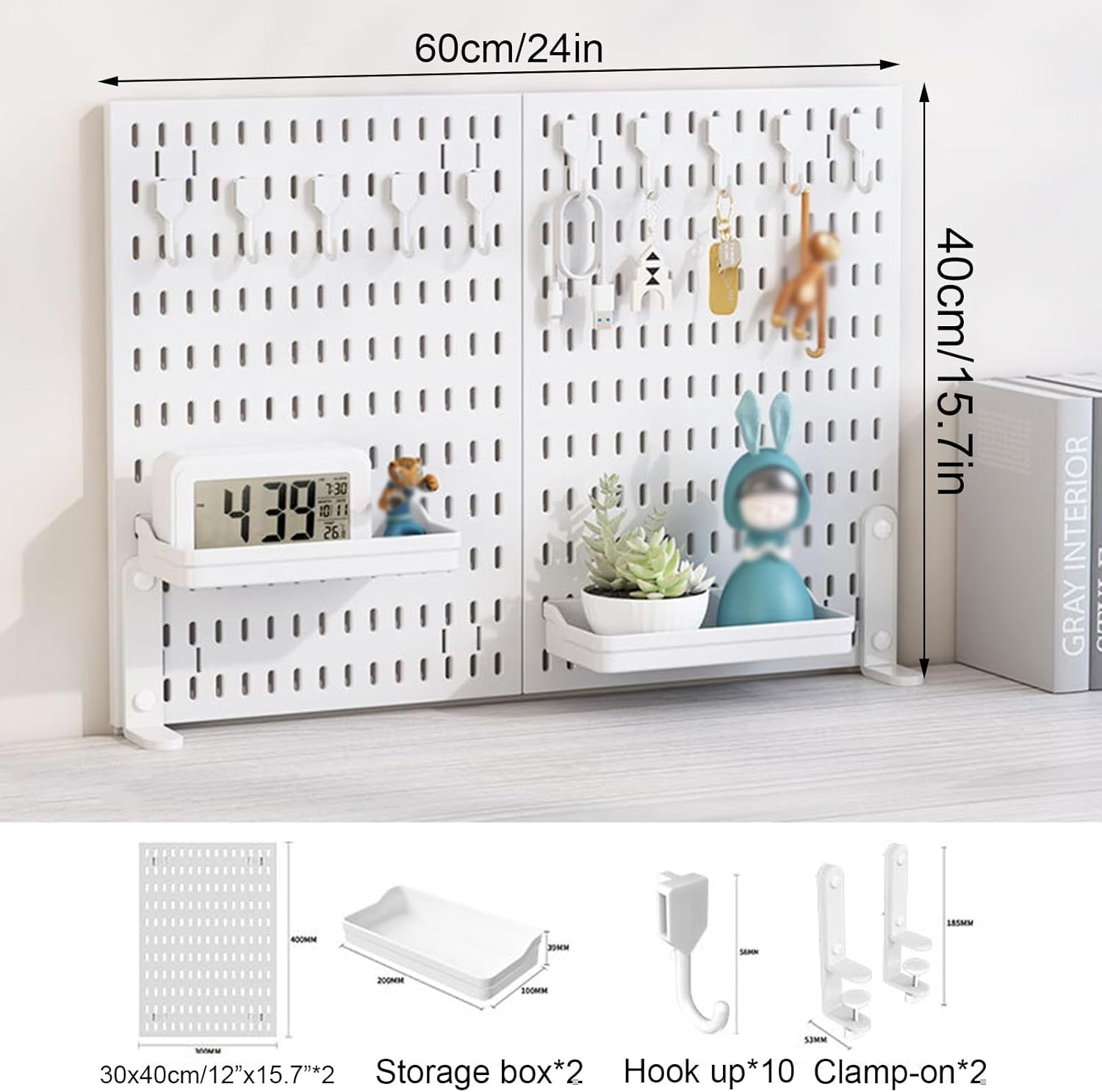 CARLA HOME 2 Pack Desk Pegboard Organizer Kit  with Hooks, Tray & Mount Ideal for Office, Gaming Setup & Home Workspace Organization (White)