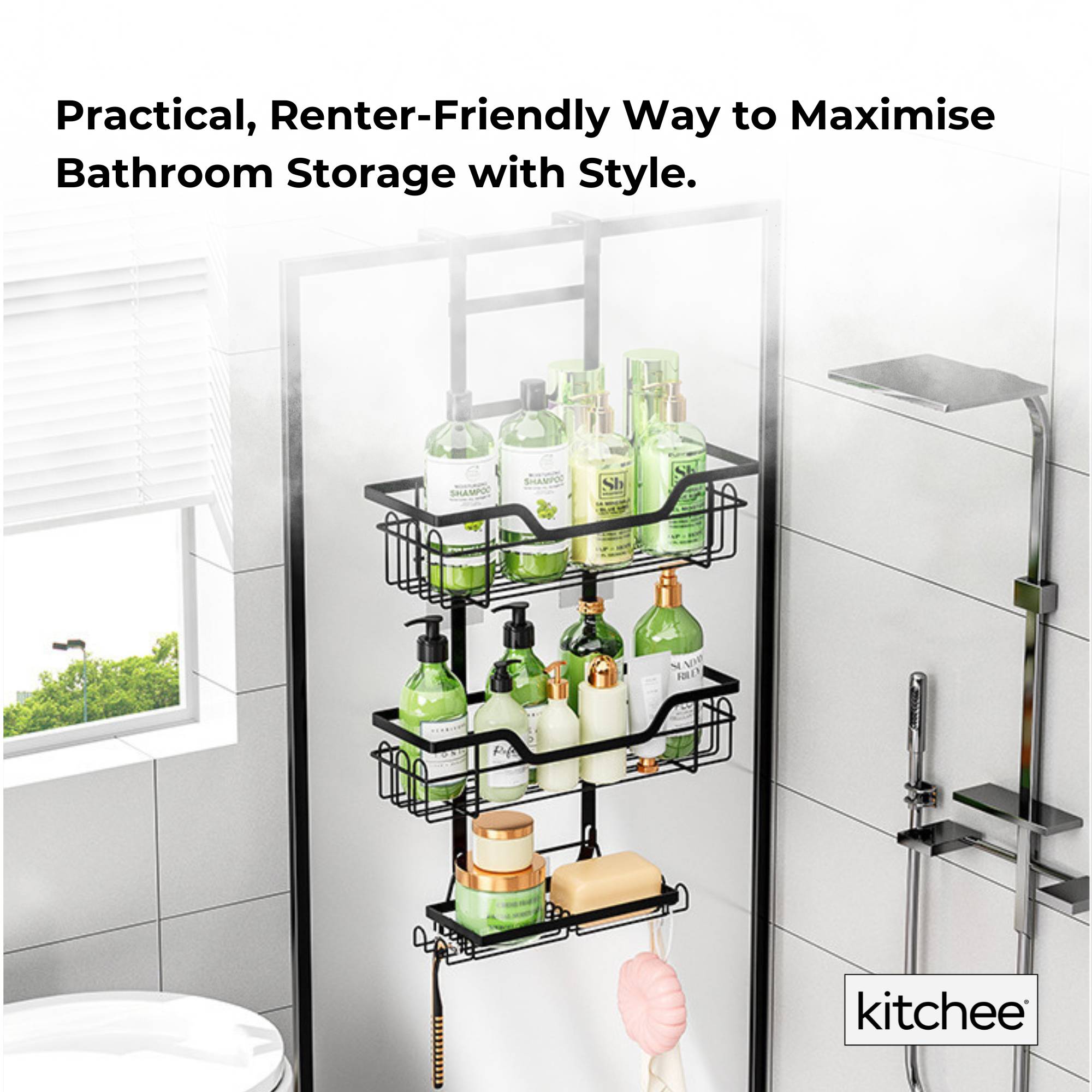 Kitchee 3 Tier Shower Caddy Over Door Bathroom Hanging Shelf Storage Rack Black