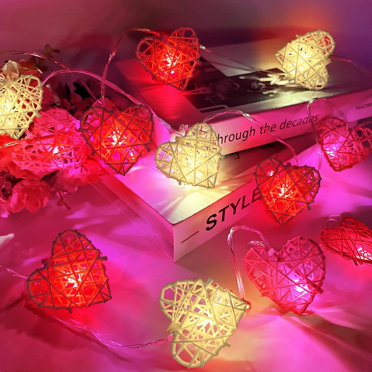 50 Red and White 3D Hollowed Rattan Heart-Shaped 5M LONG String Fairy Lights, Battery (AA) Indoor & Outdoor Decorations Wedding Valentines Romantic Room Table Lighting