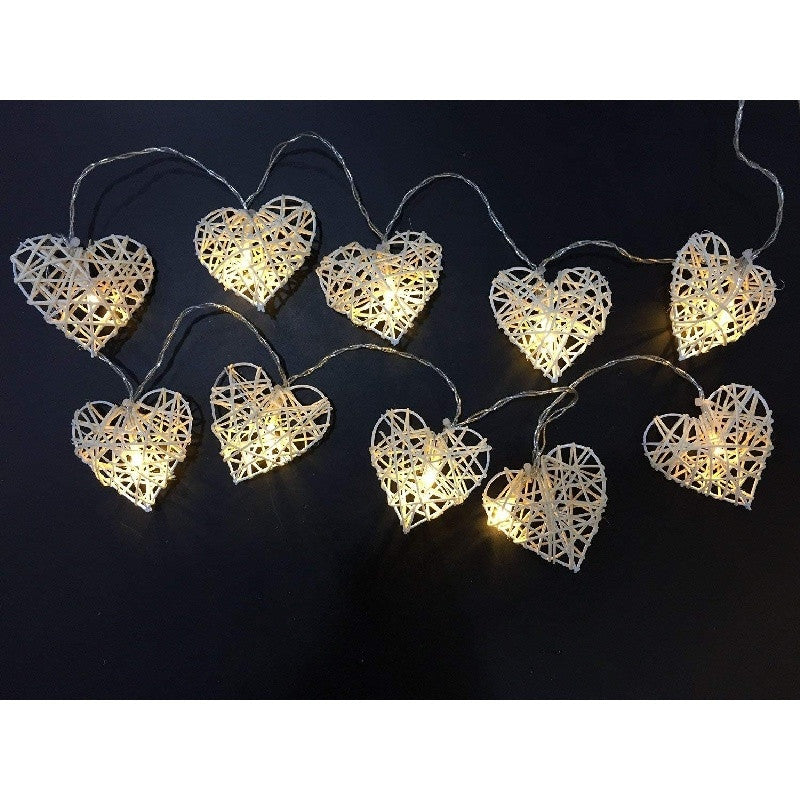 50 White 3D Hollowed Rattan Heart-Shaped 5M LONG String Fairy Lights, Battery (AA) Indoor & Outdoor Decorations Wedding Valentines Romantic Room Table Lighting