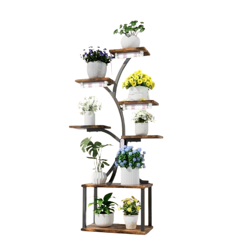 Tall Plant Stand with Dimmable Grow Lights, Multi-Tier Tree-Shaped Metal Flower Display Rack for Indoor Plants, Industrial Vintage Home Decor Shelf
