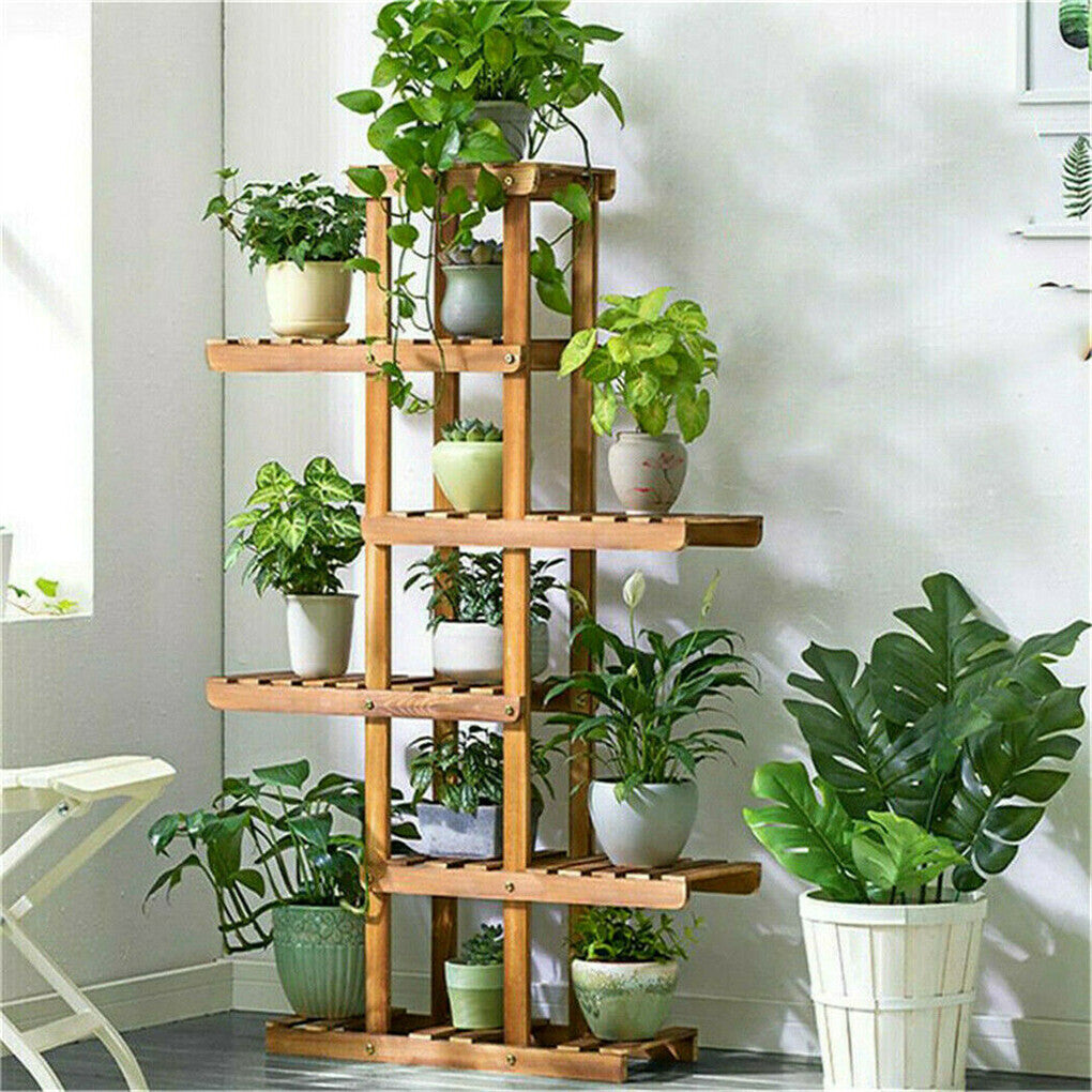 Fin Xxl Carbonized Wood Plant Stand 11 Pots Bonsai Display Shelf Flower Rack Corner
